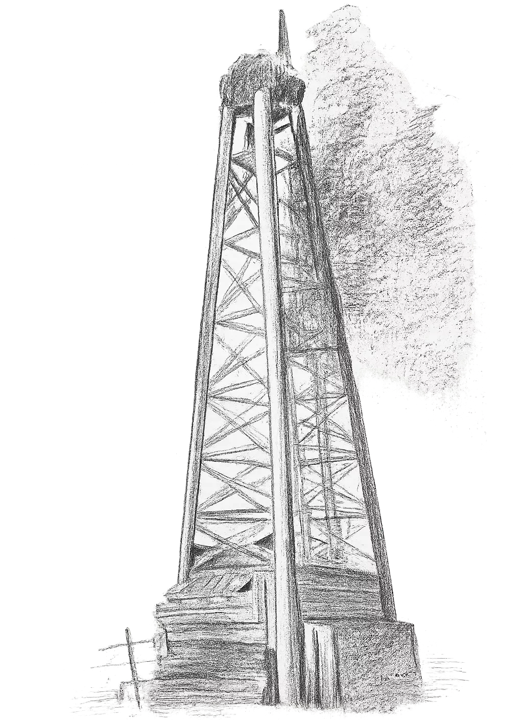 A sketch of an oil derrick in Western Oklahoma, taken from the art on walls in CopperSky Wealth's offices in Elk City